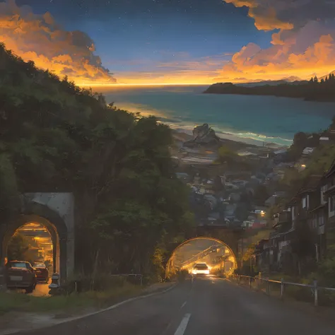 mountain tunnel，nighttime scene，There is the sea，with cars