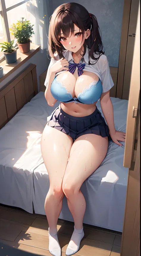 1girl in, Parted lips, blush, makeup, lightsmile, School uniform, Full body, Wide Angle, From  above, crass room, llight rays, Glow, thighs thighs thighs thighs, 鎖骨, Narrow waist, (masutepiece), Wallpaper,Wet body、A bra that can be seen through from under ...