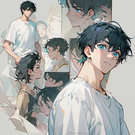 ​masterpiece、hightquality、20 year old man with short black hair and blue eyes、Like a cartoon in Japan、wearing white t-shirts、(Alone:1.5)、(serious facial expression:1.1)、(Close-up of your face:1.3)、(Only the upper body is shown.:1.3)、Super background、Bold c...