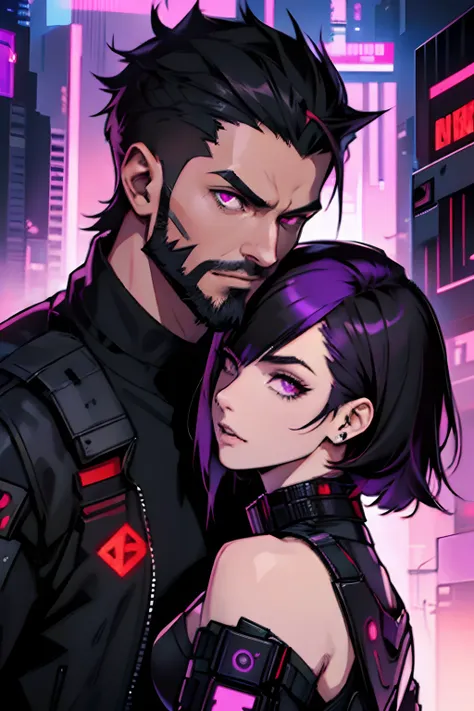 couple, a brown, strong, cyberpunk, stylish man, red eyes, fire, very short black sidecut hair, and a beard. and a cyberpunk wom...