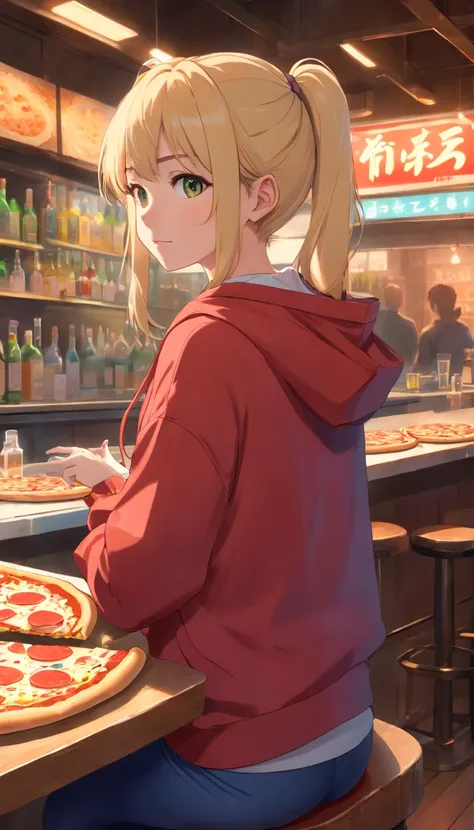 best quality, ((masterpiece)), highly detailed,gorgeous blonde woman sitting directly on pizza at bar , twin pony tails,hoody, leggings, backshot, turning back to viewer, smirk