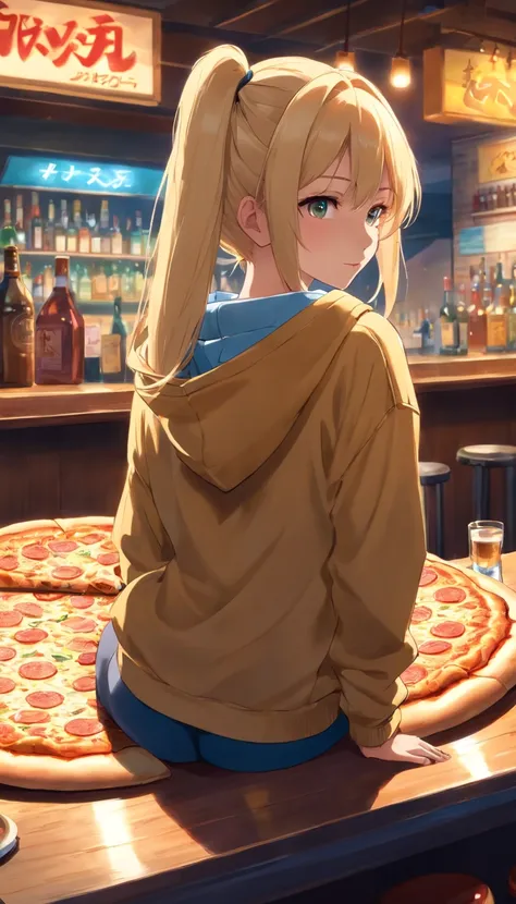 best quality, ((masterpiece)), highly detailed,gorgeous blonde woman sitting directly on pizza at bar , twin pony tails,hoody, leggings, backshot, turning back to viewer, smirk