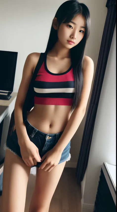 1girl in, Asian Girl, 20yr old, college, Pretty, Selfie, Dark background, Take a photo with your iPhones camera, Noise Images, raw picture, pop music , Stripe Tank Top, small tits,dancer type、college girls、