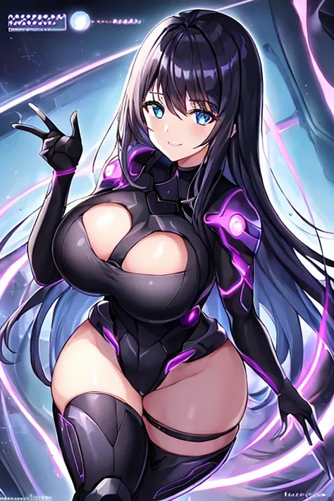 1girl, black hair, large breasts, breasts, thick thighs, wide hips, blue eyes, bodysuit, black bodysuit, long hair, light smile, happy, science-fiction, tech, futuristic, purple clothes, machinery, anime style, 2d, anime screencap, leotard, thigh strap, ar...