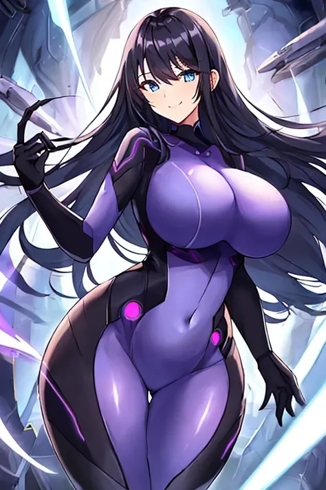 1girl, black hair, large breasts, breasts, thick thighs, wide hips, blue eyes, bodysuit, black bodysuit, long hair, light smile, happy, science-fiction, tech, futuristic, purple clothes, machinery, anime style, 2d, anime screencap, leotard, thigh strap, ar...