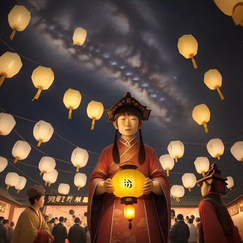 Pray for Kongming Lantern，The sky is dotted with stars at night，There are many Kongming lanterns