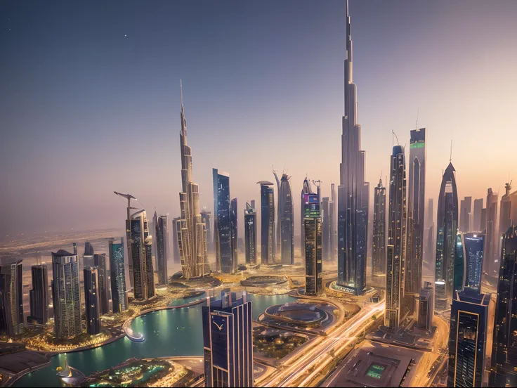 Generate a hyperrealistic cityscape that blends the architectural wonders of Dubai with the whimsical essence of a fairytale. Imagine a utopian metropolis where skyscrapers are adorned with intricate vines and luminescent flowers, casting an otherworldly g...