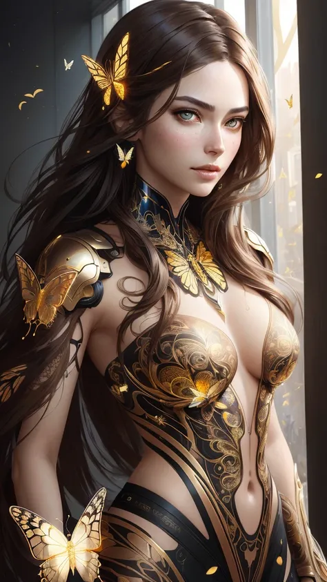 8k portrait of beautiful cyborg with brown hair, intricate, elegant, highly detailed, majestic, digital photography, art by artgerm and ruan jia and greg rutkowski surreal painting gold butterfly filigree, broken glass, (masterpiece, sidelighting, finely d...