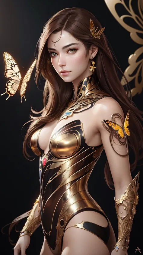 8k portrait of beautiful cyborg with brown hair, intricate, elegant, highly detailed, majestic, digital photography, art by artgerm and ruan jia and greg rutkowski surreal painting gold butterfly filigree, broken glass, (masterpiece, sidelighting, finely d...