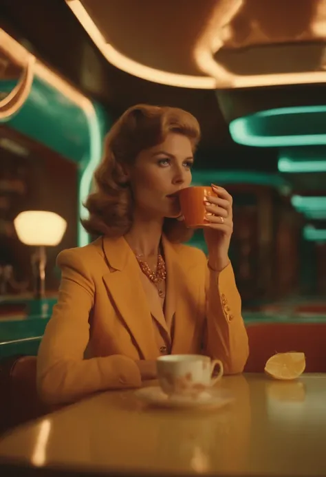 4K images from science fiction movies from the 1970s, real image, Wes Anderson Style, PastelColors, Woman wearing retro fashion clothes and drinking black coffee, Wearing underwear, natural soft light, cinematic, Psychedelia, Strange Futurism, Retrofuturis...