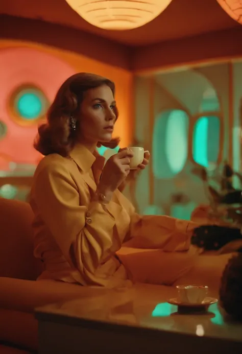 4K images from science fiction movies from the 1970s, real image, Wes Anderson Style, PastelColors, Woman wearing retro fashion clothes and drinking black coffee, Wearing underwear, natural soft light, cinematic, Psychedelia, Strange Futurism, Retrofuturis...