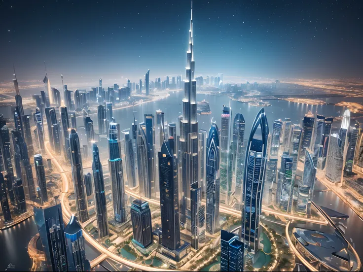 Generate a hyperrealistic cityscape that blends the architectural wonders of Dubai with the whimsical essence of a fairytale. Imagine a utopian metropolis where skyscrapers are adorned with intricate vines and luminescent flowers, casting an otherworldly g...