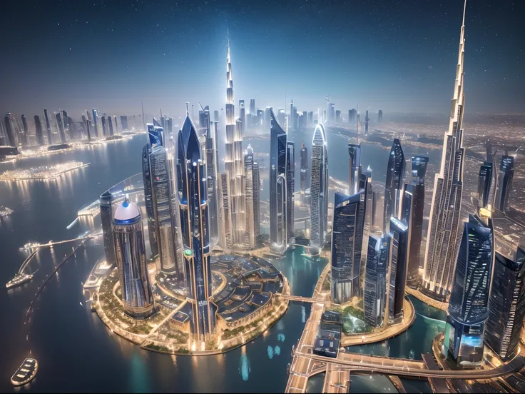 Generate a hyperrealistic cityscape that blends the architectural wonders of Dubai with the whimsical essence of a fairytale. Imagine a utopian metropolis where skyscrapers are adorned with intricate vines and luminescent flowers, casting an otherworldly g...