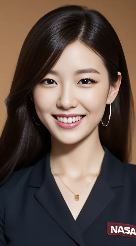 The face is a hostess、nasa uniform、Sexy face、hiquality、A hyper-realistic、healthy、Smiling expression、Slender perfect figure、Japan beauties、beautidful eyes、face perfect、Beautiful skin、Plain background、a necklace、piercings