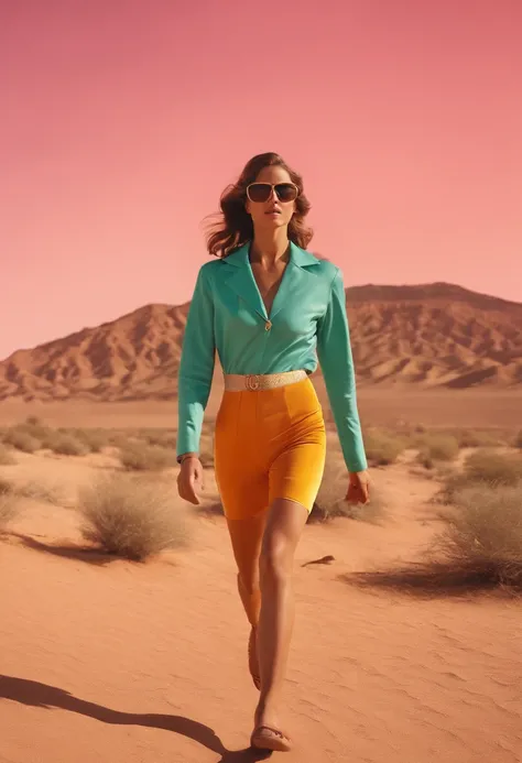 4K images from science fiction movies from the 1970s, real image, Wes Anderson Style, PastelColors, Woman running in the desert wearing retro fashion clothes, Wearing underwear, natural soft light, cinematic, Psychedelia, Strange Futurism, Retrofuturist,