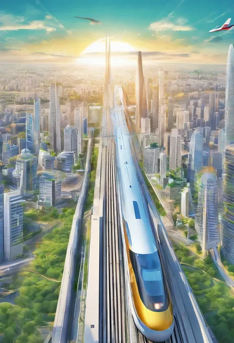 Tall structures，High-speed rail cross-traffic innovation，velocity，efficiency，High-speed rail connectivity and convenience，Stylish design，Future-proof，Across borders，high speed rail modern society，High-speed rail urban lifestyle，Seamless travel experience，C...