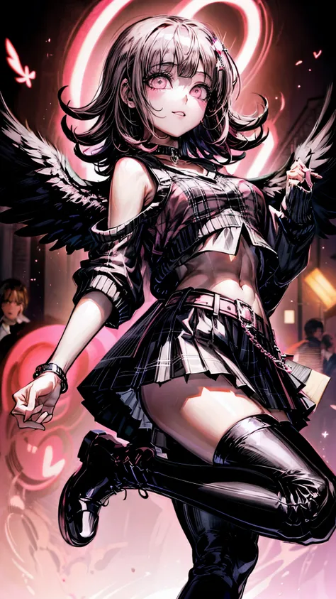 Chiaki nanami at a rave, looking at the viewer with an seductive smile, confident, nightclub, neon lights, pink short hair, pink eyes, bangs, e-girl outfit, (((Crop top, Oversized Sweater, Plaid Skirt, black Combat Boot, Winged Eyeliner, Heart-Shaped Stamp...