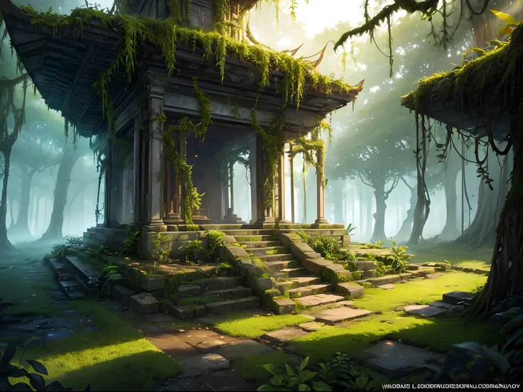 Create a photorealistic depiction of an ancient, overgrown jungle temple at sunset. Illuminate the scene with bioluminescent flora and fauna, and ensure that the details of the moss-covered stones and vines are so realistic that one can almost feel the tex...