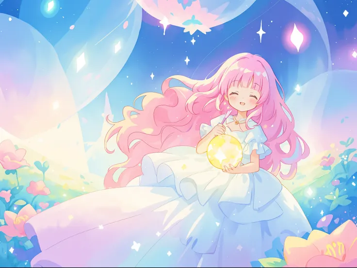 beautiful girl in sparkling white dress holding a magical sphere, ((sparkling puffy layered ballgown)), (magical, whimsical), (glowing magical orb), long flowing colorful hair, colorful fantasia background, watercolor illustration, disney art style, glowin...