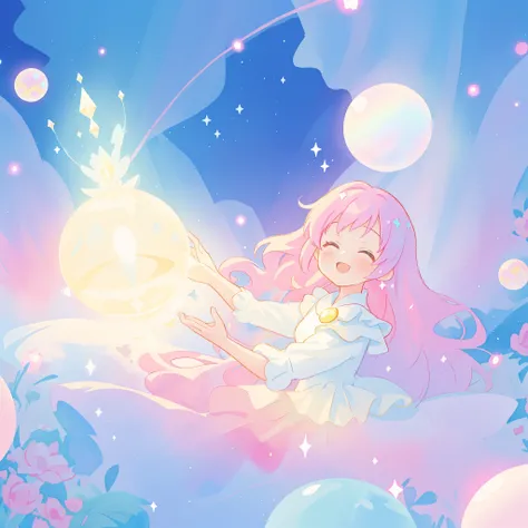 beautiful girl in sparkling white dress holding a magical sphere, ((sparkling puffy layered ballgown)), (magical, whimsical), (glowing magical orb), long flowing colorful hair, colorful fantasia background, watercolor illustration, disney art style, glowin...