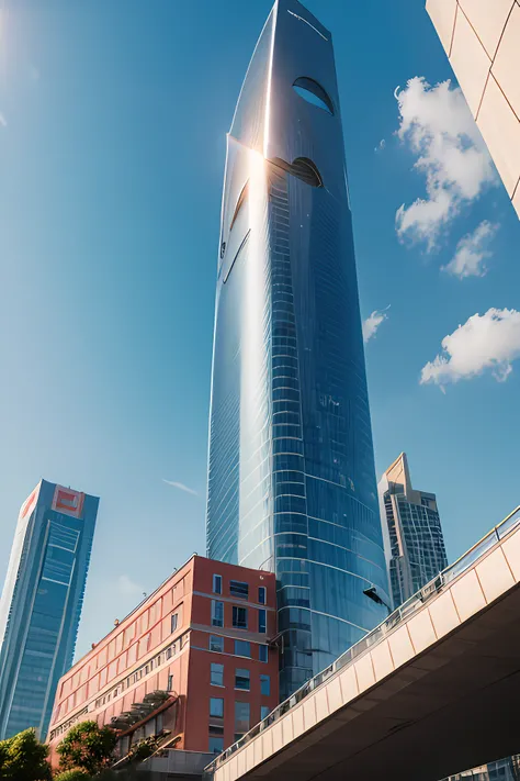 Trisomy, modern day, ultra-modern, buliding, fundo vermelho, earth collision building, Bright colors, eventide, 火焰, blue-sky, baiyun, man looking up at the sky, high detail, anime style