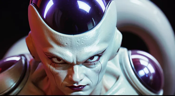 masterpiece, best quality, 1boy, frieza, closeup, looking at viewer, male focus, red eyes, solo, serious, simple background