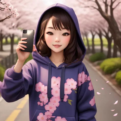 Selfie girl wearing hoodie with cherry blossoms background