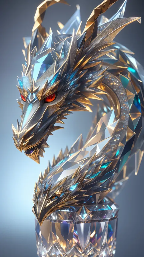 A cute crystal dragon with sparkling crystal wings, enhanced with a touch of cyborg elements, showcasing intricate details. The dragon is beautifully captured through a cinematographic lens, with a subtle vignetting effect to draw attention to its majestic...