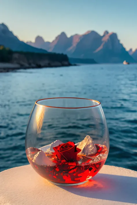 Sun in crystal glass by the sea, with mountains in the background, Regular classical shape glass, Opened from above, Below, Next to the glass, It is a red rose, High-quality realistic photos