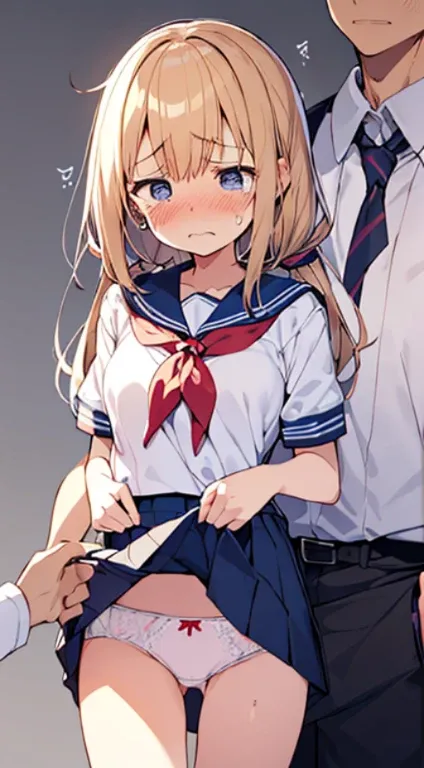 masutepiece, Best Quality,Illustration, Wallpaper, ultra -detail, Little Face Lori、(((molesting)))、Detailed eyes, Complex hairstyle、Sareme、((fear:1.5))、(Teary-eyed:1.5)、(((Cute underwear)))、(a sailor suit、skirt by the)、ample breasts、((Morester))、((Girl bei...