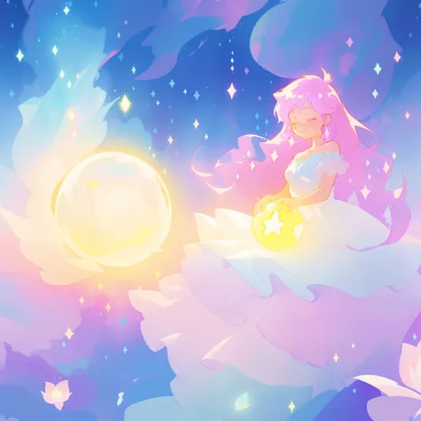 beautiful girl in sparkling white dress holding a magical sphere, ((sparkling puffy layered ballgown)), (magical, whimsical), (glowing magical orb), long flowing colorful hair, colorful fantasia background, watercolor illustration, disney art style, glowin...