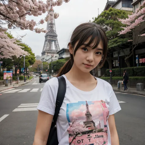 Girl wearing t-shirt with Tokyo tower and cherry blossoms in the background