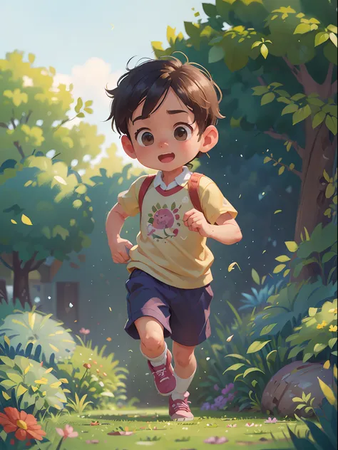 A 6-year-old boy is running in a garden, she is wearing gardeners clothes, is scared, scared, perfect quality, clear focus (mess - house: 0.8), (masterpiece: 1.2) (Realistic: 1.2) (Bokeh) (Best quality) (Detailed Skin: 1.3) (Intricate Details) (8K) (Eye De...