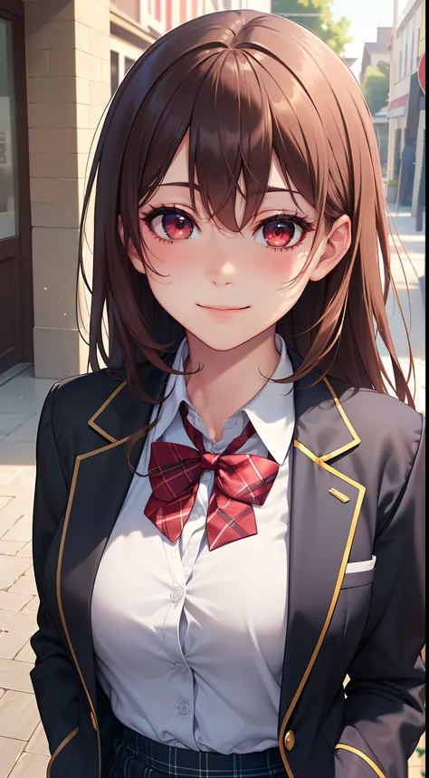 ((masterpiece, best quality, highres, UHD, perfect pixel, depth of field, 4k, RTX, HDR))), 1girl, single, solo, beautiful anime girl, beautiful artstyle, anime character, ((long hair, bangs, brown hair, curly hair:0.8)), ((red eyes:1.4, rounded eyes, beaut...