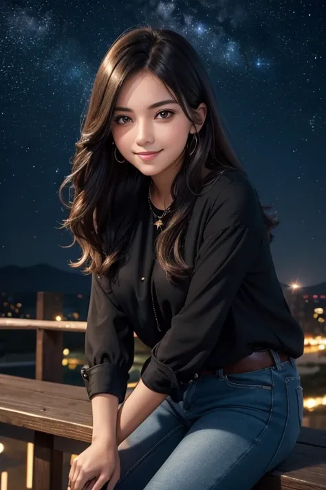 Young adult female; shy smile; gazing deep into the viewers eyes; comfortable pose; leaning in towards the viewer; dark brown hair flowing in the breeze; sparkling amber eyes; deeply loves the viewer; wearing a fitted black blouse and blue jeans; star-stud...