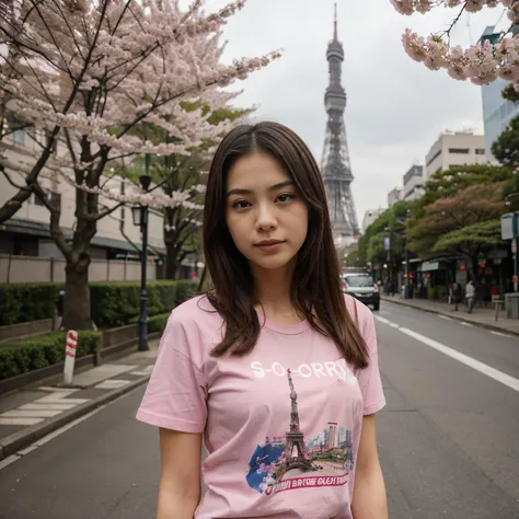 Girl wearing t-shirt Plain Fuschia color with Tokyo tower and cherry blossoms in the background