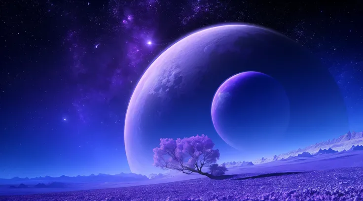 Purple and blue landscape，There are two planets and a tree, fantasy planet, Fantasy space, Beautiful alien landscape, alien dream world, alien planet, Space landscape, beautiful space planet, violet planet, surreal space, Sci-fi fantasy wallpaper, stunning...