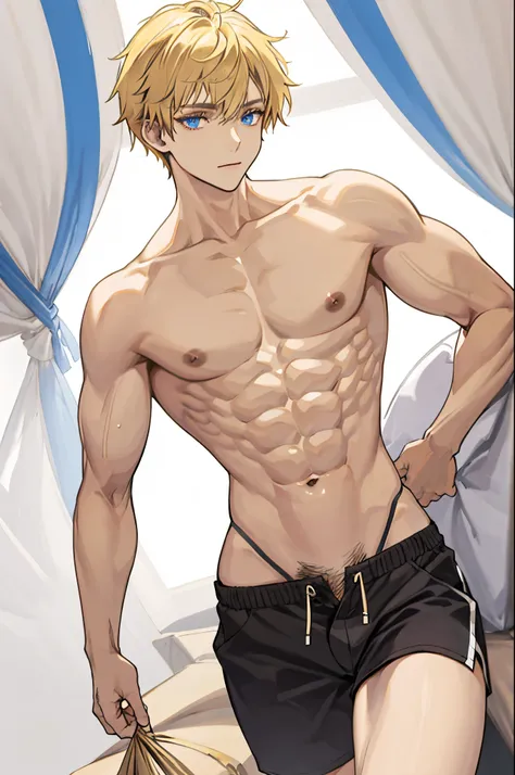 thin boy, blonde hair, pixie cut, blue eyes, short, thin waist, athletic, eight pack abs, wide hips, long muscular legs, large , blonde pubic,  , masterpiece