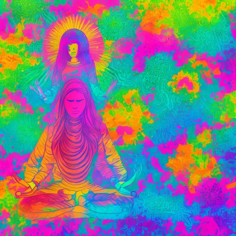 Rainbow color pallette psychadelic painting of a meditating girls everywhere on, LSD, mushrooms, weed, young hippy girl with beautiful face and wearing a pink adidas hoody and white beanie is exhaling rainbow smoke while smoking a joint, abstract masterpie...