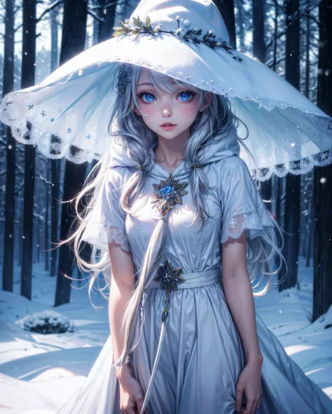 (masterpiece,best quality:1.5), photorealistic, vivid, vibrant ,1girl, solo, looking at viewer, crystalise eyes, ice, white dress, cystalize hair ornaments, white witch, white witch hat, white witch cloak ,glowing, snow, glowing eyes, snowy background, win...