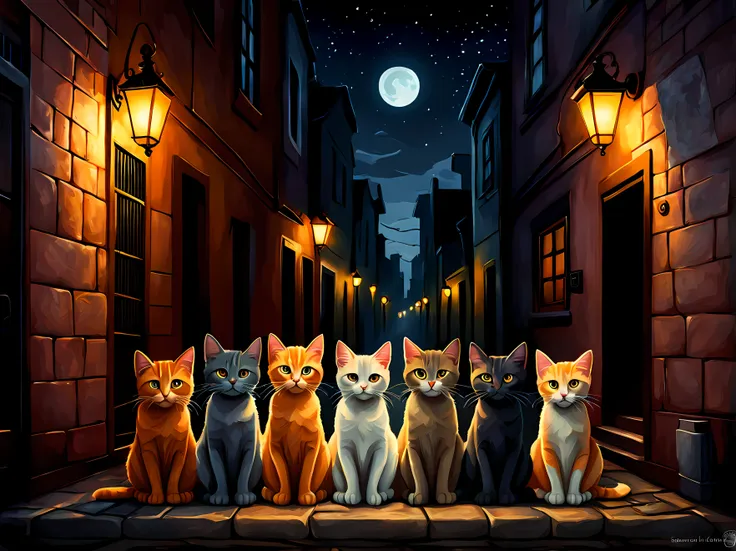 (symmetrical:1.3), breathtaking art nouveau style painting, (front view:1.3), somber moonlit alleyway where shadows stretch and whispers echo, a litter of poor little kittens huddle together, their innocent eyes reflecting the hardship they have endured, e...