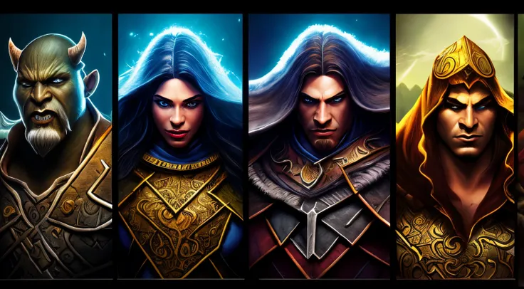 Warcraft video game characters portrait by Alan Moore, comic art, multi-panel compositions, uhd image, matte background, vibrant comics, strong contrast between light and dark.