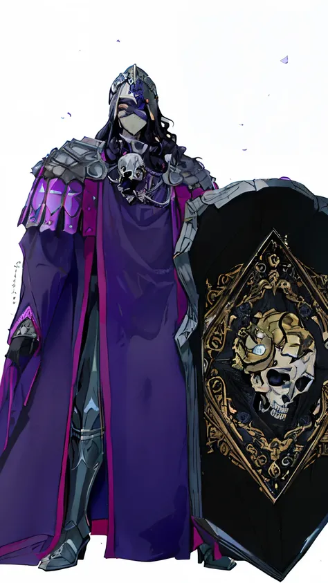 a close-up of a person in a purple robe and a ((skull mask))de ferro com coroa de louros dourada)) holding a large Romanó shield with the symbol of a golden skull, deus masculino,Retrato de Hades(( flowing black hair))