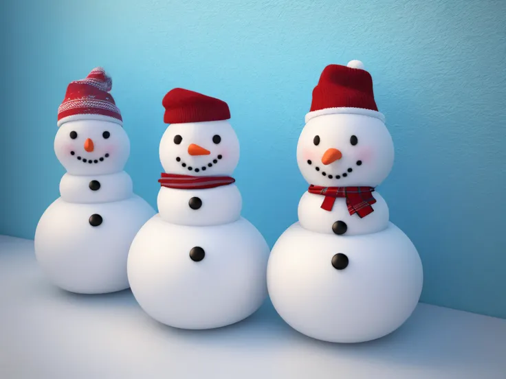 3D, 2 winter snowmen in a line, each in a hole in a wall, white background, vivid colors