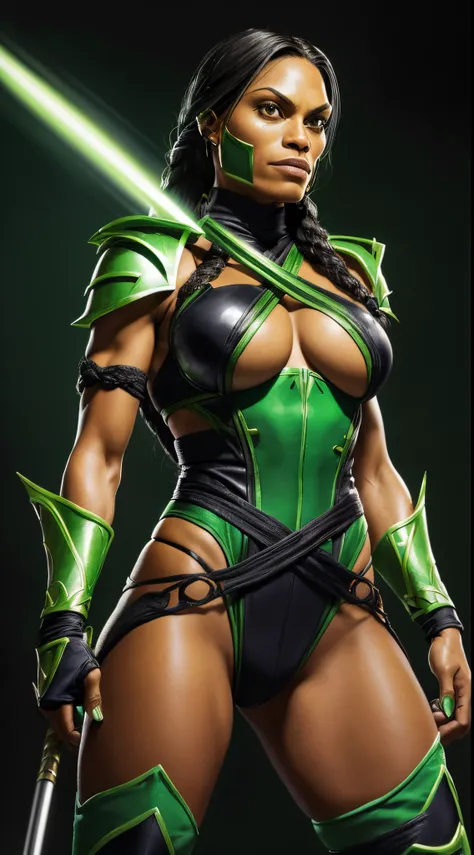 actess ((Rosario Dawson)) as Jademk11 from Mortal Kombat, sks woman, wields long staff, Bojutsu, green ninja mask that covers the lower half of her face, form-fitting green bodysuit, green stockings, high heels, black braiding braids ponytail, intricate, h...