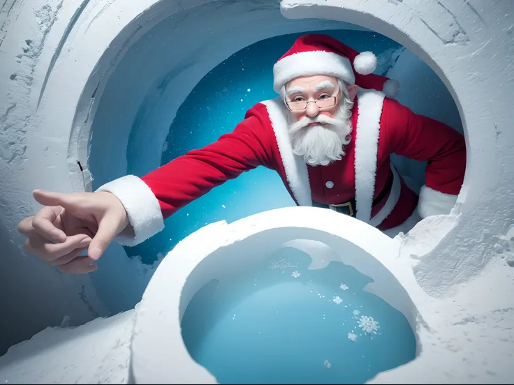 (ultra-detailed, vivid colors, humorous),3D, Santa and an Elf peeking out of a circular broken hole in an ice wall, white background, illustration.