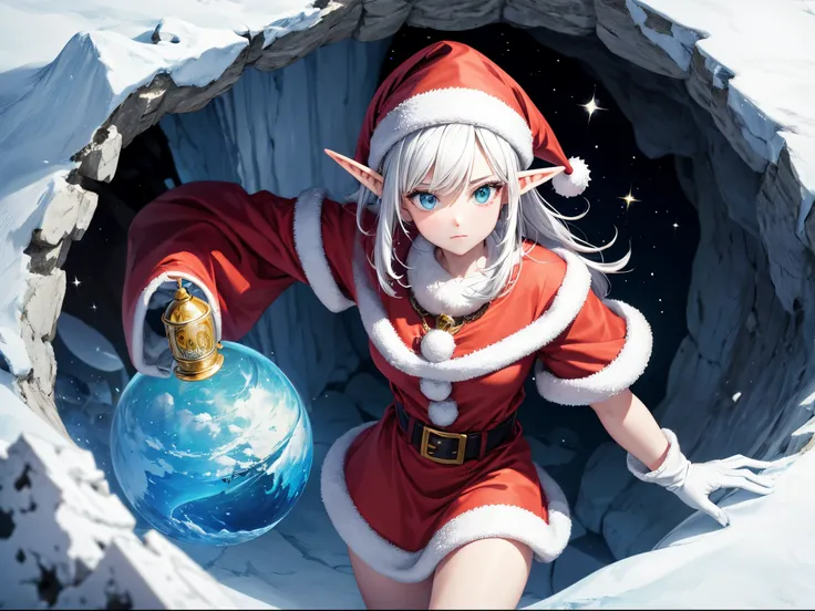 (ultra-detailed, vivid colors, humorous),3D, Santa and an Elf peeking out of a circular broken hole in an ice wall, white background, illustration.