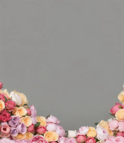 There is a photo of flower arrangement，There are pink and yellow peonies on it, Peony background, flowers in the background, florest background, coloured background, Peony background, Flower background, Flower frame, solid color backdrop, pastel roses, on ...