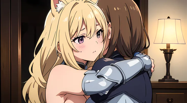 masterpiece, best quality, 2 cat eared girls, (hug), blush on their face, (groping), female knight armored, hand on chest, girl,...