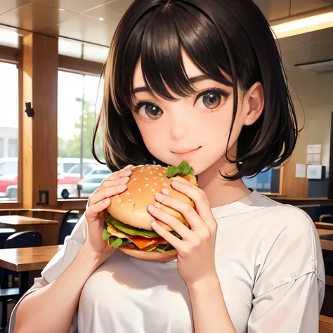 1girl in,Cute woman stuffing her mouth with a hamburger,cute like an idol,Puff out your cheeks and smile happily,Accurately drawn face,Belli　Short black hair,flat breast,tre anatomically correct,Precise fingers,right hamburger、Hold the shake in your left h...